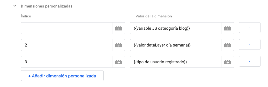 Ejemplo envío dimensiones personalizadas a través de Google Tag Manager