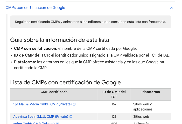 donde ver la lista de cmps certificados por google