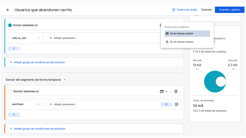 ejemplo de configuración de segmento de usuarios que abandonan el carrito