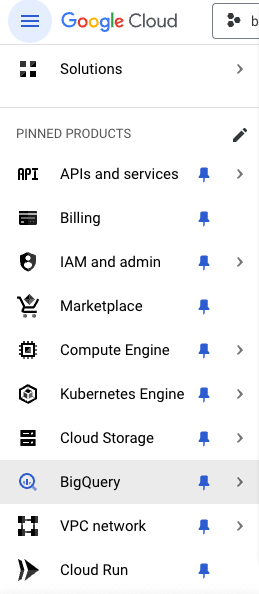 Menú para encontrar bigquery en Google Cloud