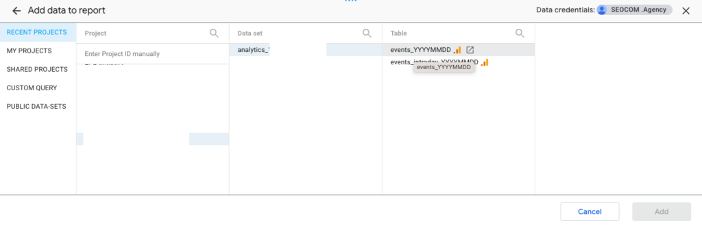 conexión bigquery con lookerstudio . añadir datos