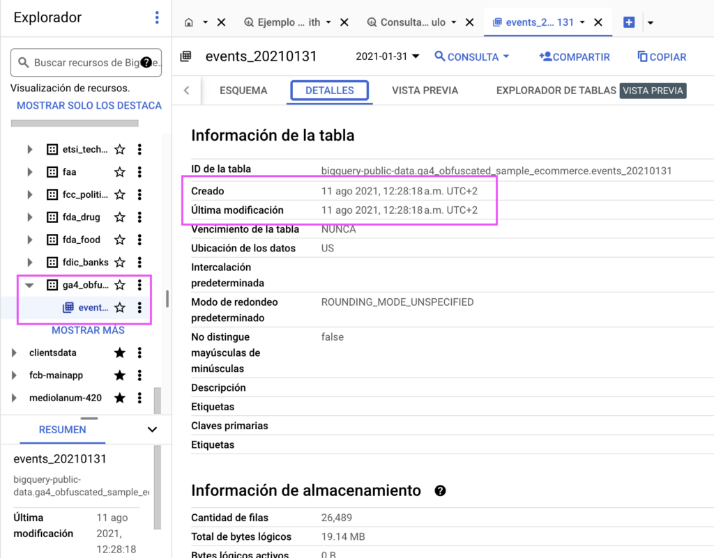 ver modificacion y creacion de tablas